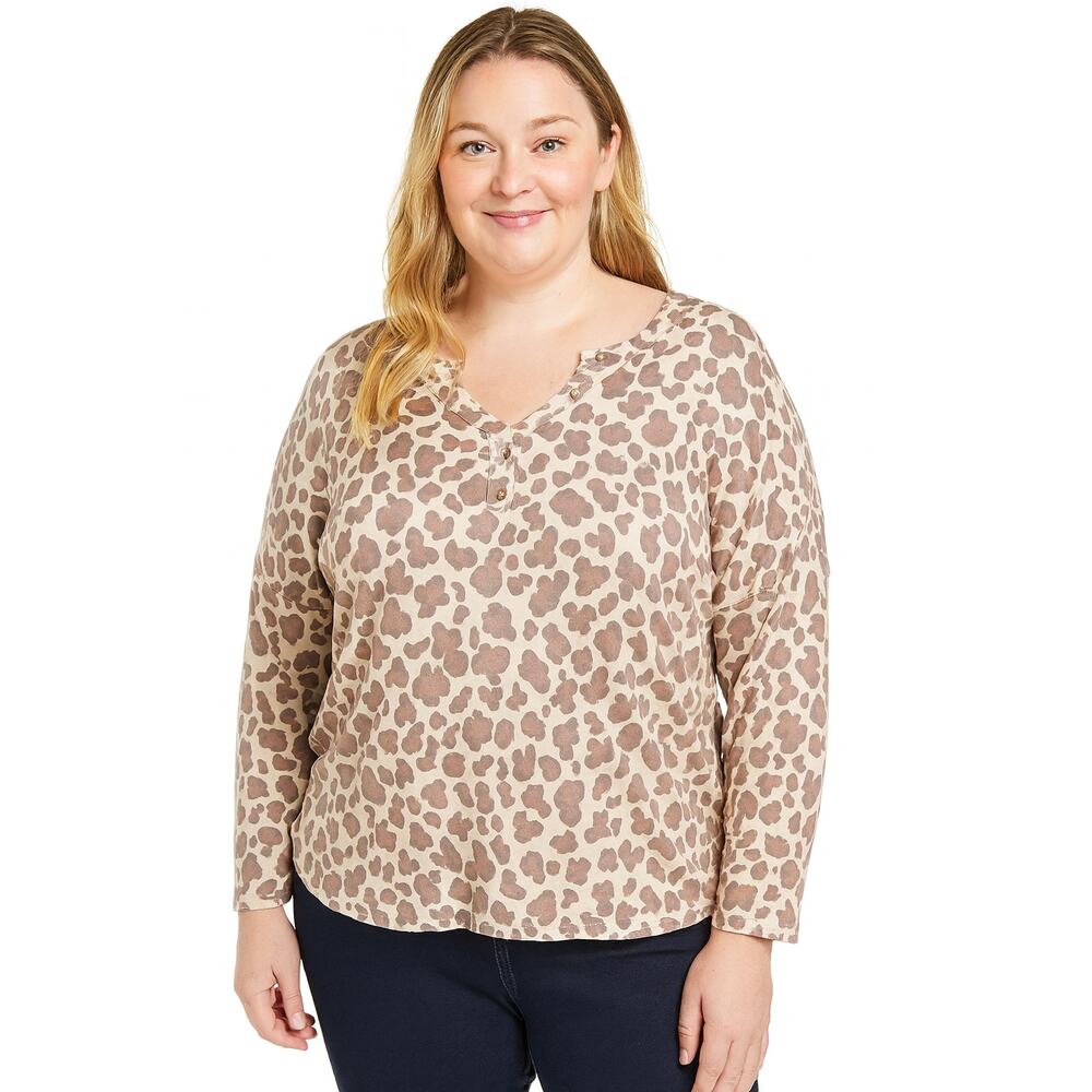 NWOT Blis Women’s Beige Pink Leopard Animal Print Long Sleeve Top Size XL